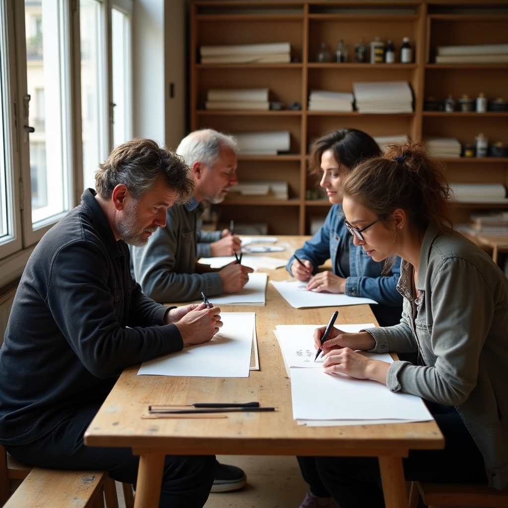 Participants d'un atelier de calligraphie en petits groupes