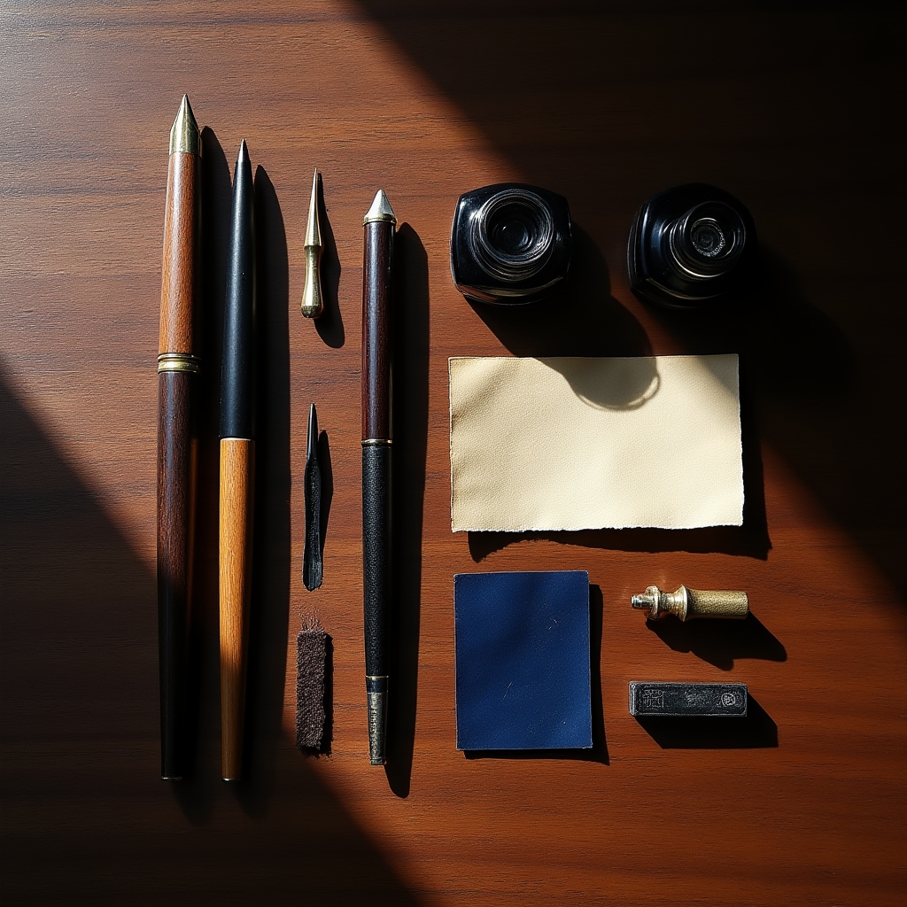Outils de calligraphie disposés sur une table d'atelier