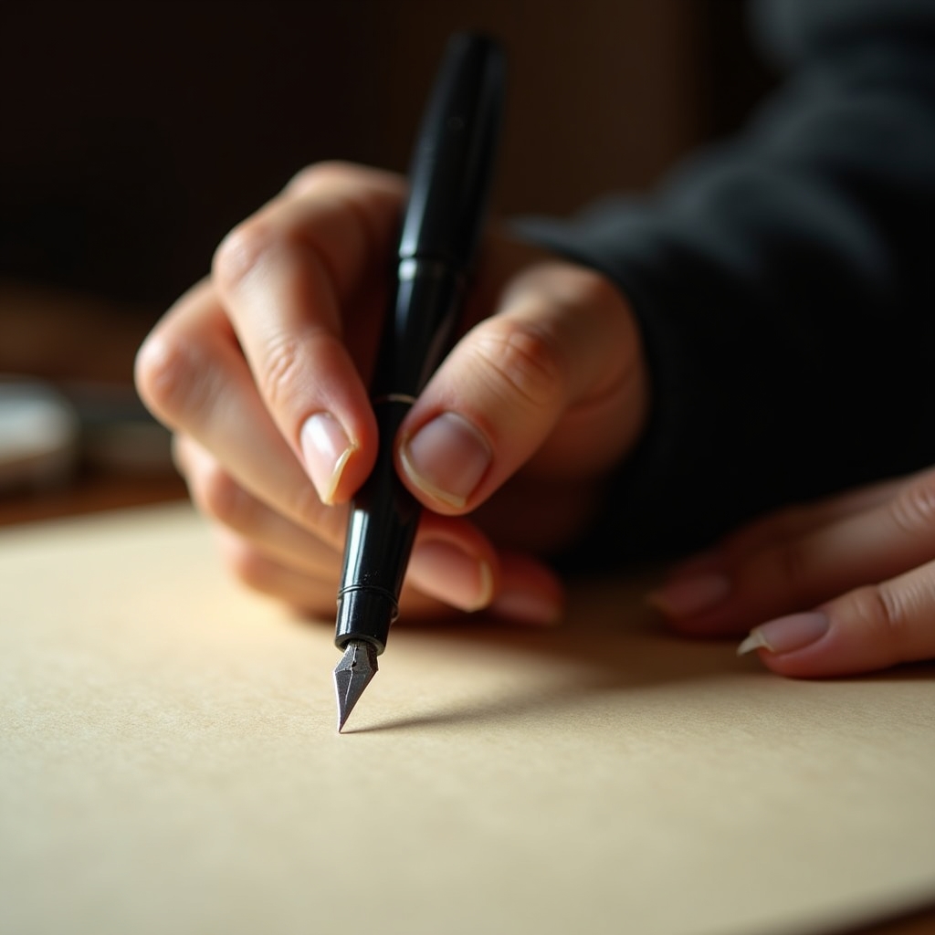 Gros plan d'une plume calligraphique tenue avec précision
